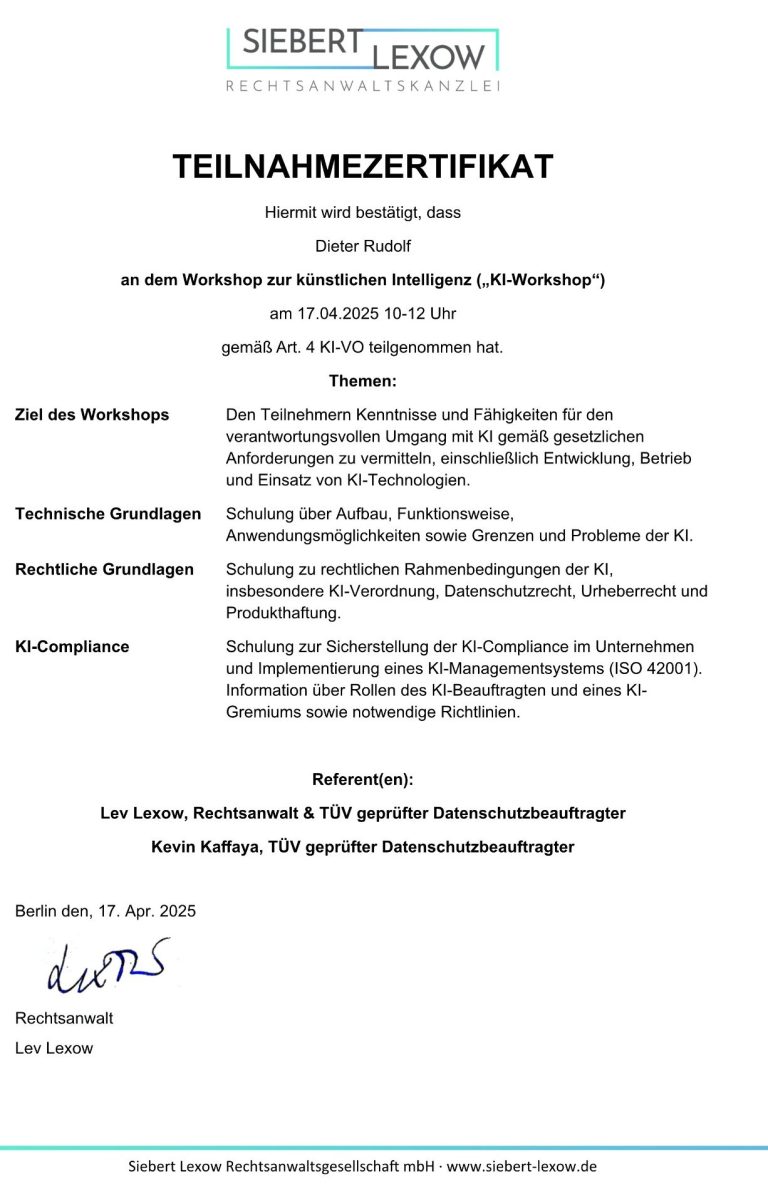 Teilnahmezertifikat KI Workshop KI Expertise